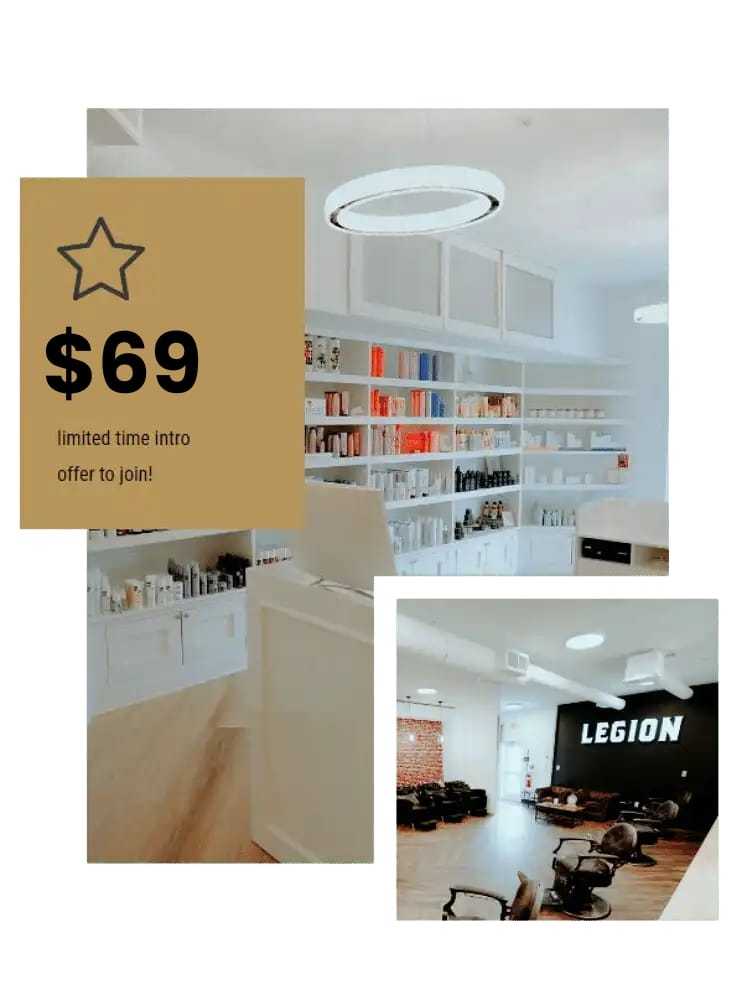 Salon interior with $69 offer to join, showcasing modern styling stations and shelves.