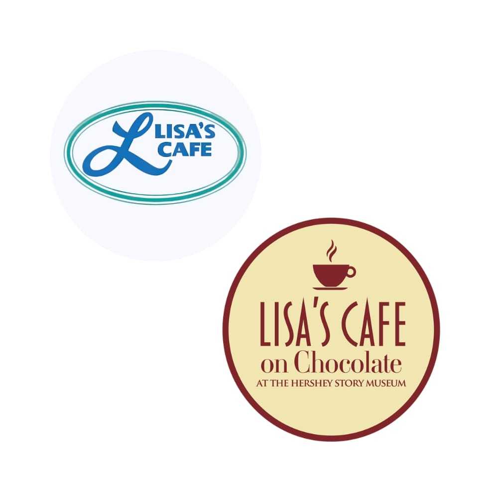 Two logos for Lisa's Cafe, one in blue and green, the other in brown and red.