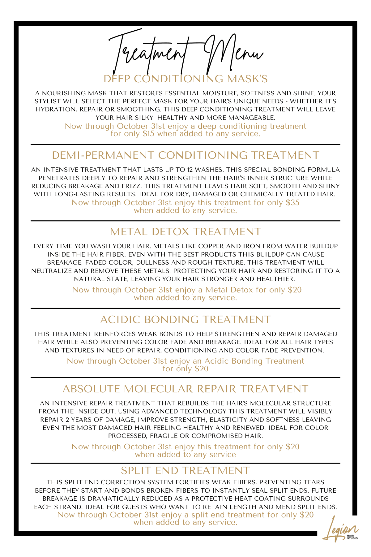 Deep conditioning and treatment menu with prices and special offers for October 31st.