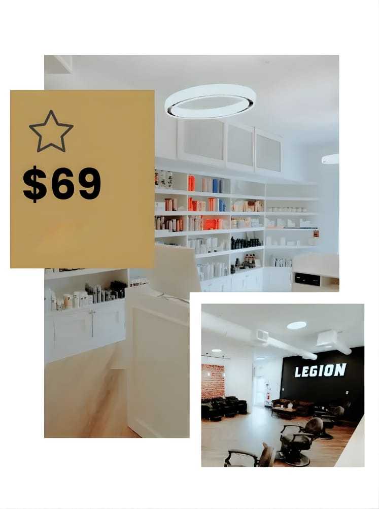 $69 price sign, modern hair salon interior with product shelves and seating area.